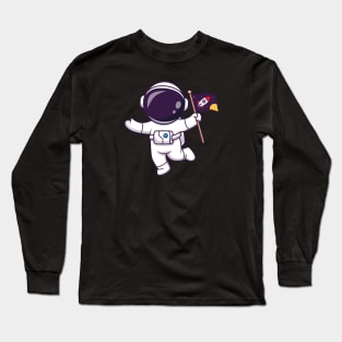 Cute Astronaut Floating With Space Flag Cartoon Long Sleeve T-Shirt